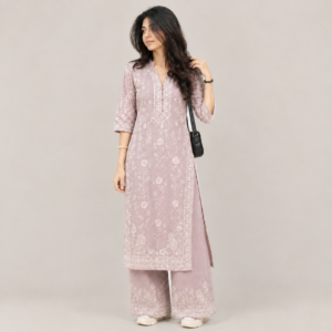 Lilac Floral Embroidered Kurta Palazzo Set
