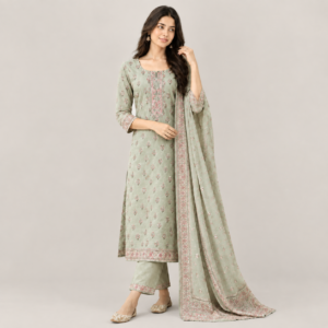 Women’s Sage Green Printed Kurta Pant Dupatta Set | Elegant Ethnic Wear