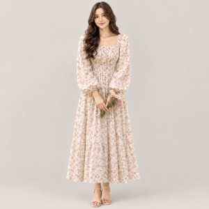 Soft Floral Print Maxi Dress with Elegant Puff Sleeves