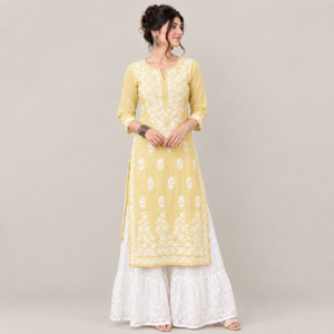Women’s Yellow Chikankari Kurta | White Floral Embroidered Kurti