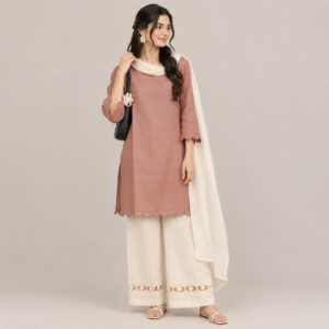 Dusty Rose Embroidered Kurta with White Lace Dupatta